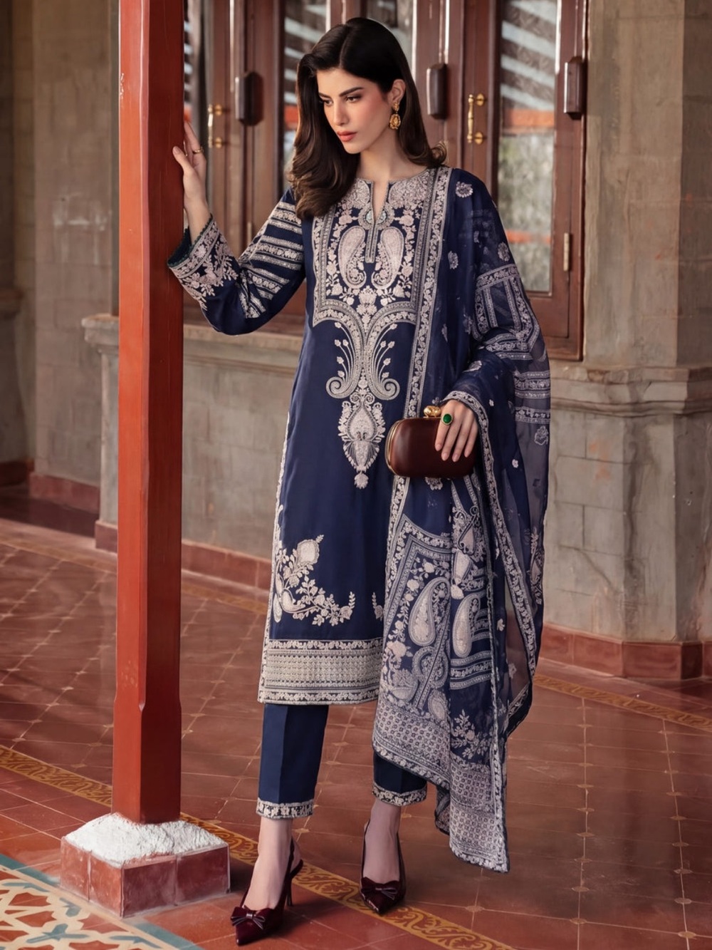 Elegant Navy Blue Embroidered Women's Pantsuit